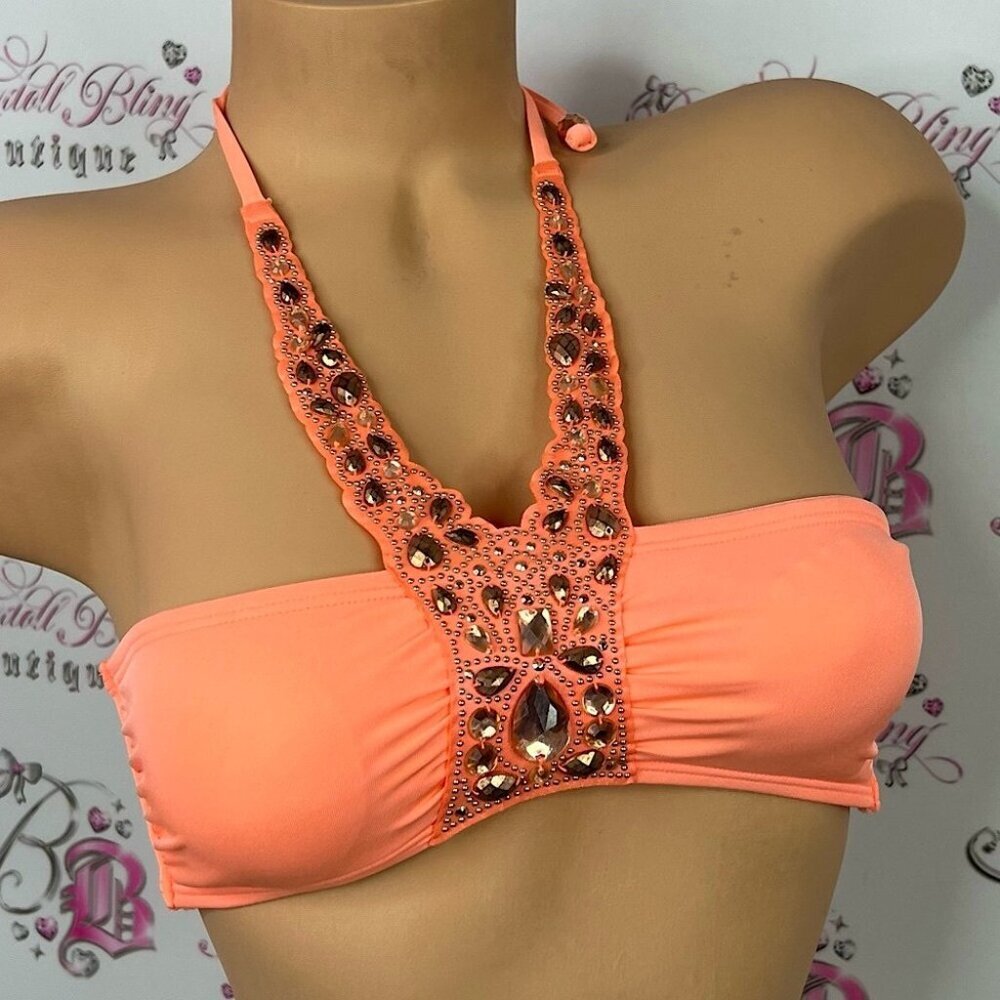 H&M bikini top jewels rhinestone halter neon orange Coral Embellished Bikini Top